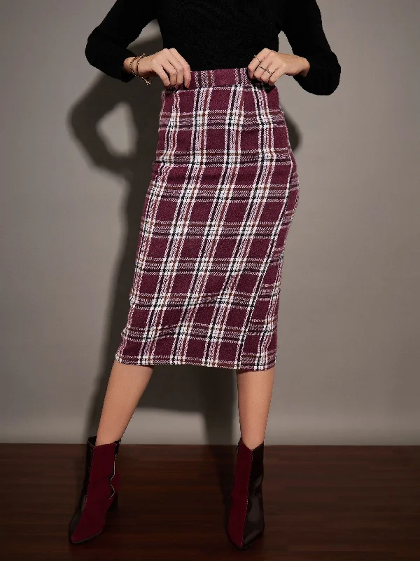 Graduation Dresses for Milestone -Lyush Women Maroon Yarndyed Check Pencil Skirt