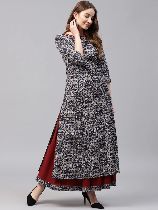 Faux Leather Dresses for Affordable -NOZ2TOZ Blue Printed 3/4Th Sleeve Cotton Kurta With Red Flared Skirt