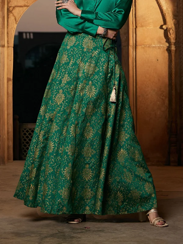 Halter Dresses for Chic Style -Lyush Women Green Brocade Jacquard Anarakali Skirt