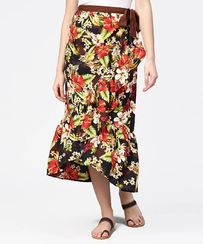 Khaki Dresses for Casual -NOZ2TOZ Multi Flower Printed Calf Length Skirt