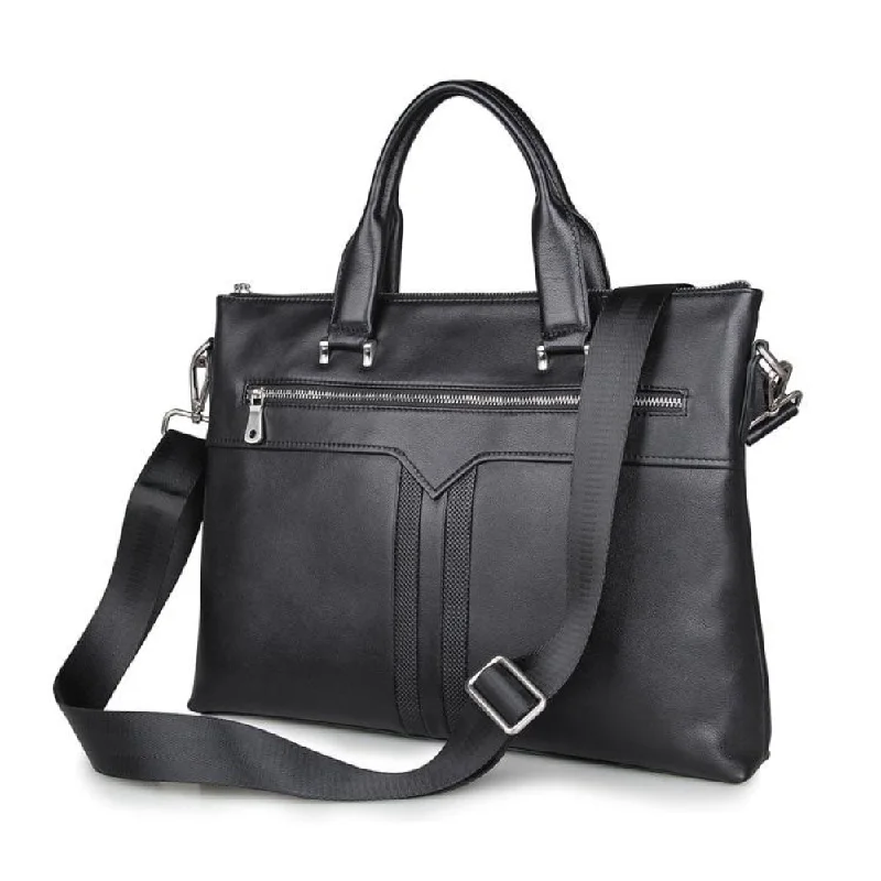 Women's bags with woven texture and leather handles for a chic yet casual look-Men's Solid Black Genuine Leather Business Laptop Briefcases Messenger Bag