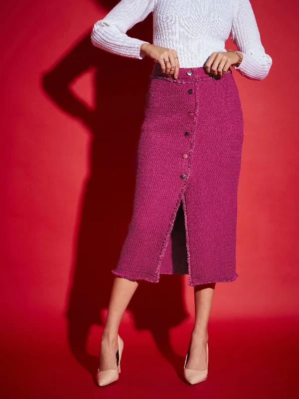 Resort Dresses for Vacation -Lyush Women Magenta Tweed Front Button Midi Skirt