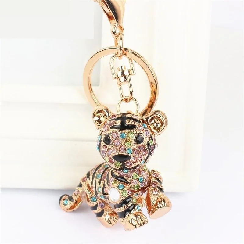 Women's bags with functional compartments and sleek, clean lines for practicality and style-Multi-Color Tiger Rhinestone Crystal Pendant Charm Key Ring Chain Purse Bag