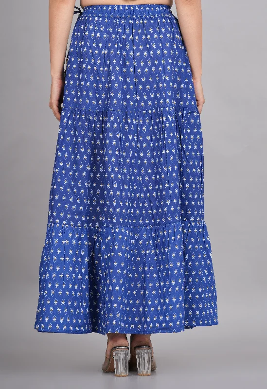 Belted Dresses for Shaping -House of RP Women's Light Blue Rayon Ethnic Printed Circular Skirt