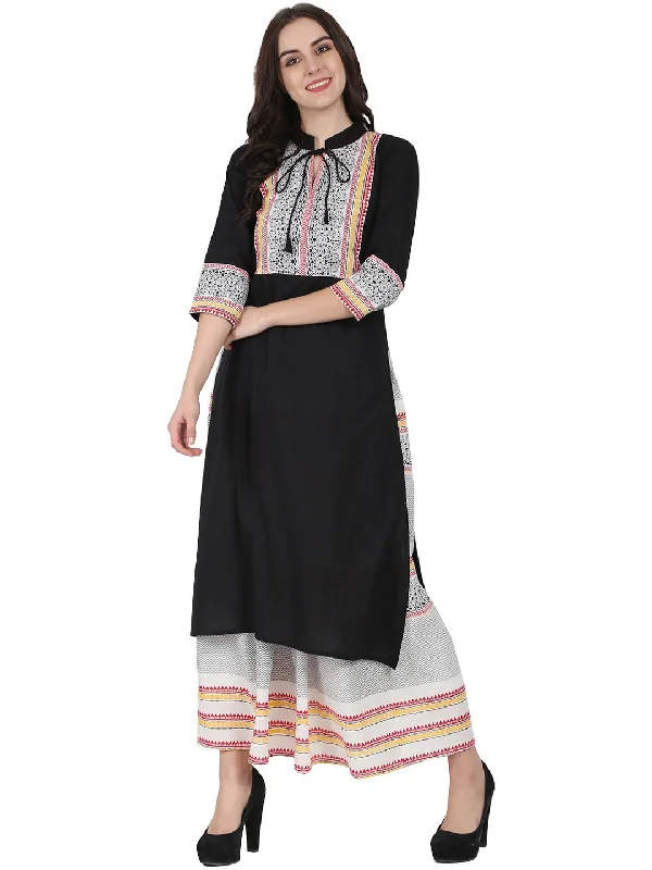 Capri Dresses for Playful -NOZ2TOZ Black 3/4Th Sleeve Cotton Kurta With Off White Printed Ankle Length Flared Skirt