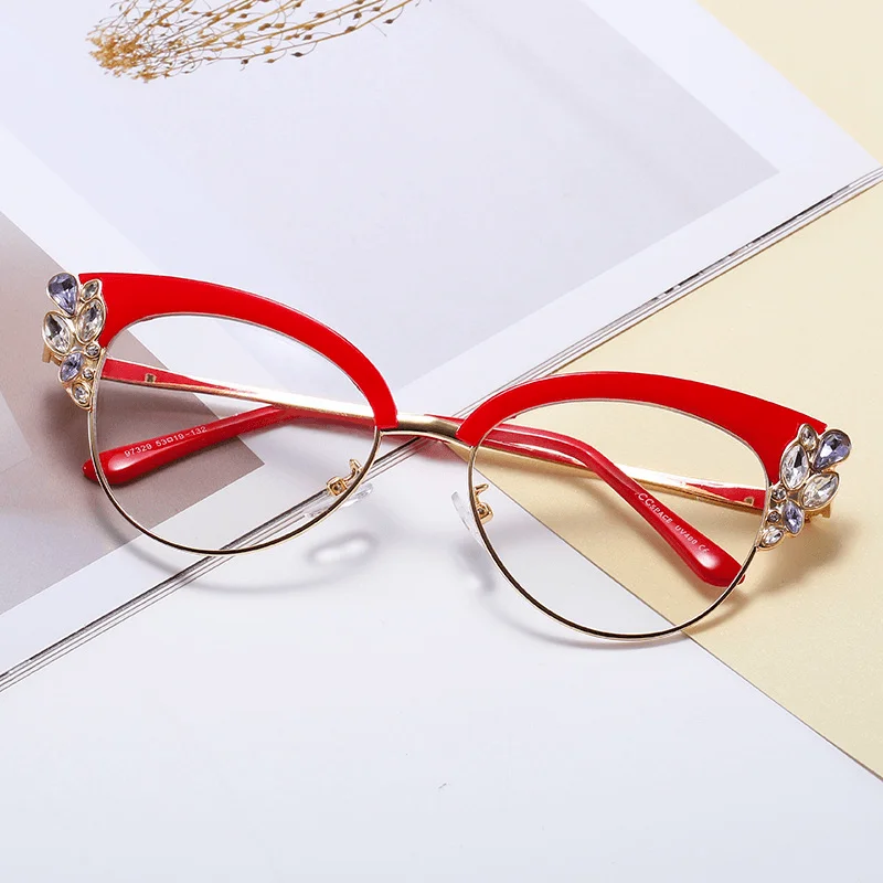 Studded Glasses for Edgy Style -Diamond Studded anti Blue Light Cat Eye Prom Party Decoration Glasses