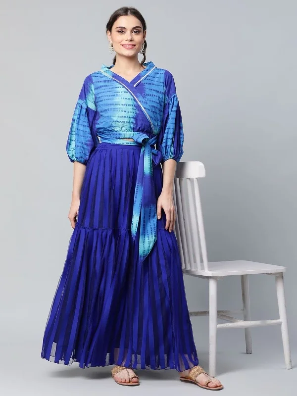 Casual Dresses for Everyday -Ahalyaa Women Stunning Blue Crepe Printed Top with Skirt