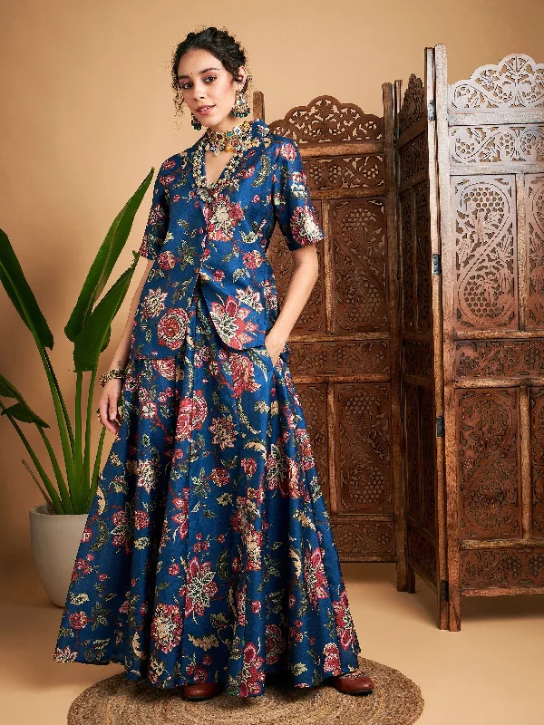 A-line Dresses for Flattering -Lyush Women Blue Floral Anarkali Skirt With Blazer