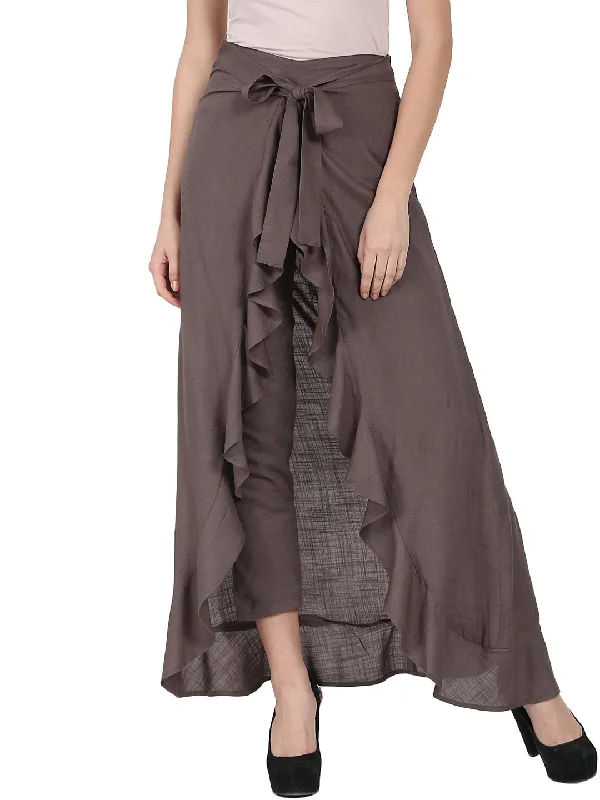 Satin Dresses for Shiny Look -NOZ2TOZ Taupe Ankle Length Rayon Slub Flared Skirt