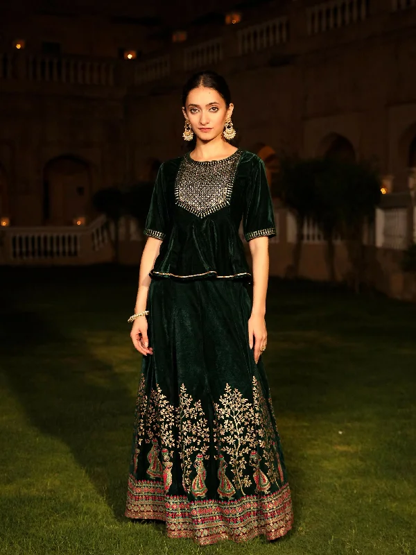 Floral Dresses for Romantic -Juniper Women's The Sunehri Green Zari Embroidered Velvet Top & Skirt Set With Sequins & Lace