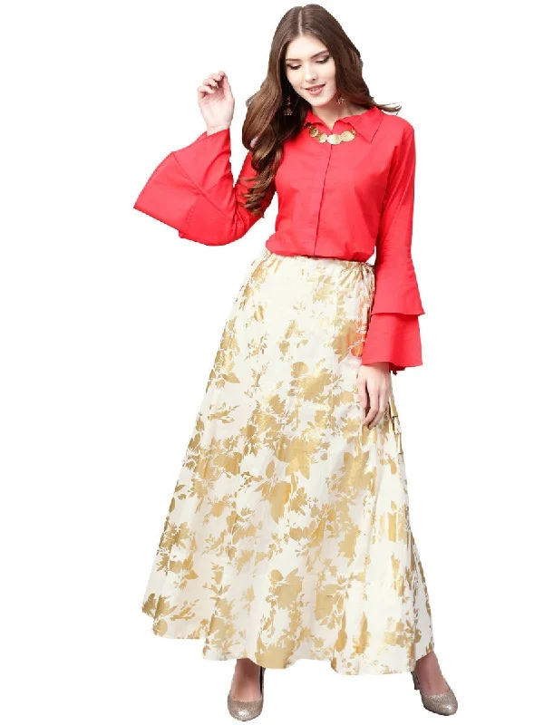 Mother's Day Dresses for Gift -Ahalyaa Indowestern Red Shirt With Off White & Gold Skirt Set