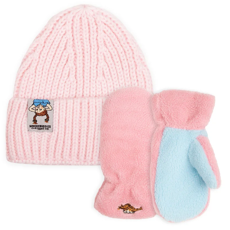 Lightweight cap for summer hiking trails -Pippi Beanie and Mittens Combo - Pink