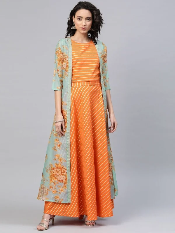 Christmas Dresses for Holiday -Ahalyaa Women's Orange Crepe Gold Print Top Skirt With Printed Jacket