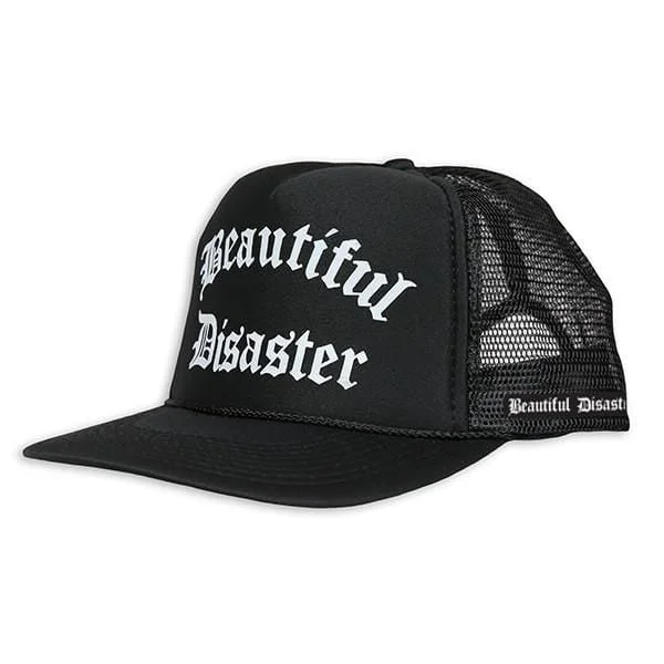 Trucker mesh cap for ventilated cool wear -Beautiful Disaster Trucker Hat - Black