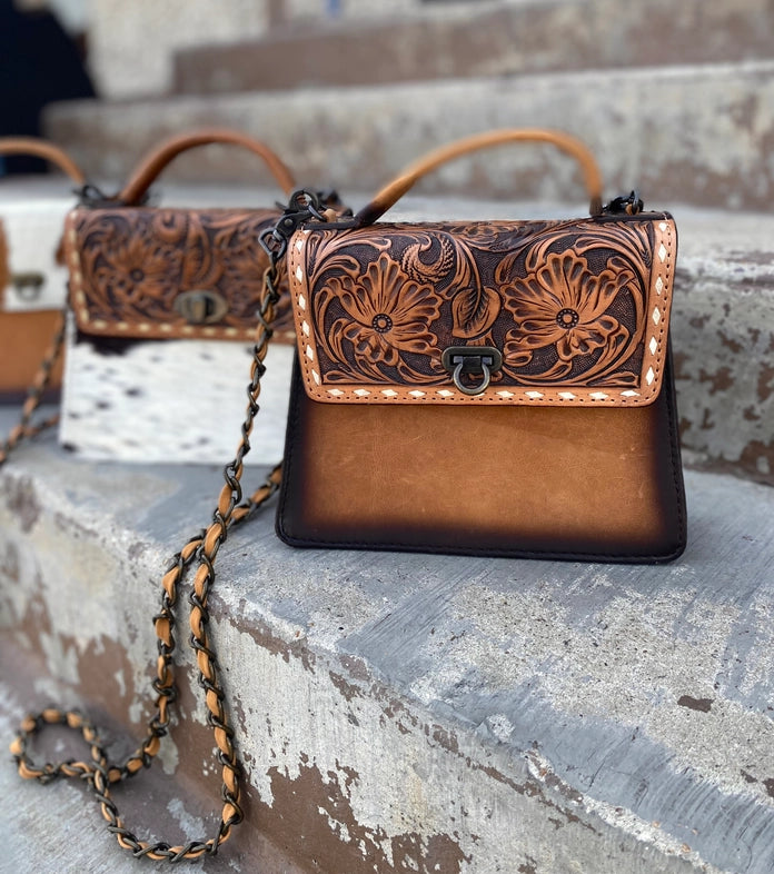 Women's bags with minimalistic design and subtle details for timeless elegance-Burned Leather & Floral Tooled Crossbody Bag