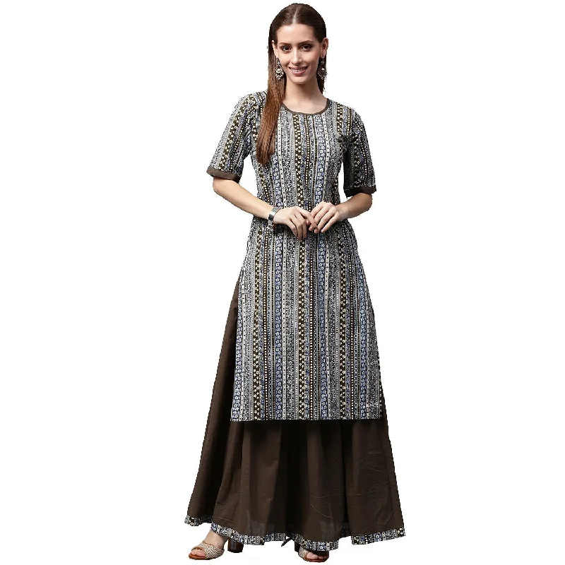 Zippered Dresses for Convenience -NOZ2TOZ Grey Printed Half Sleeve Cotton Kurta With Black Skirt