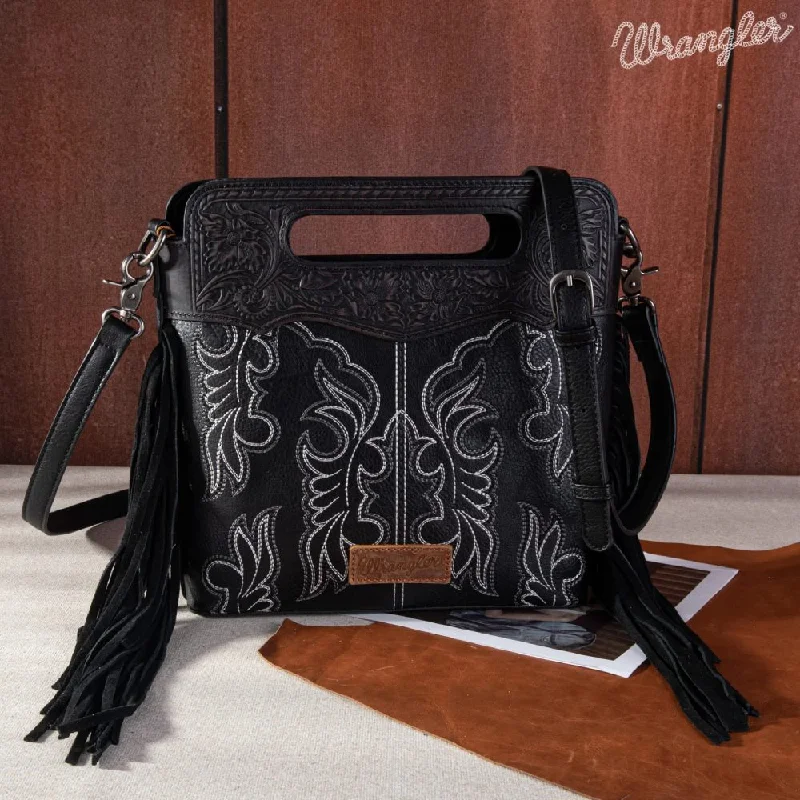 Women's bags with stylish zippers and organized interior for maximum efficiency-Wrangler Womens Top Handle Embroidered Fringe Tote/Crossbody Bag - WG110-G2010-BK