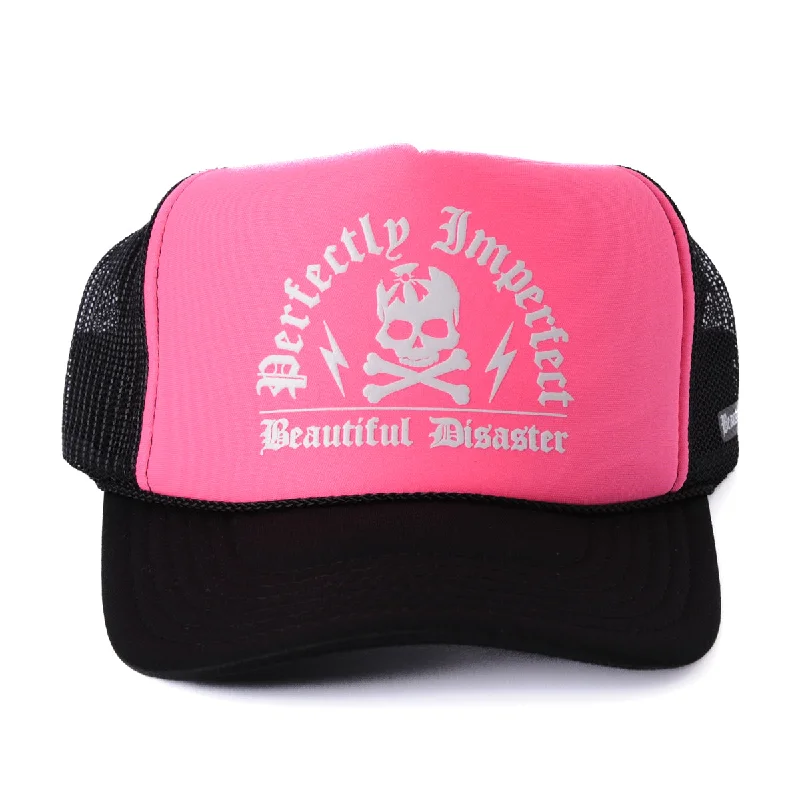 Lightweight cap for easy travel packing -Perfectly Imperfect Trucker Hat - Pink/Black