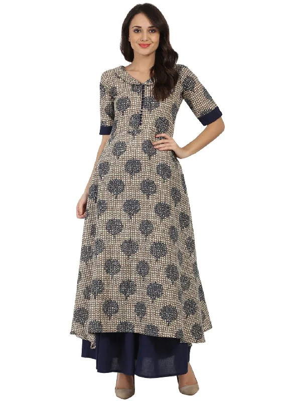 Flared Dresses for Retro -NOZ2TOZ Blue Printed Half Sleeve Cotton A-Line Kurta With Blue Flared Skirt