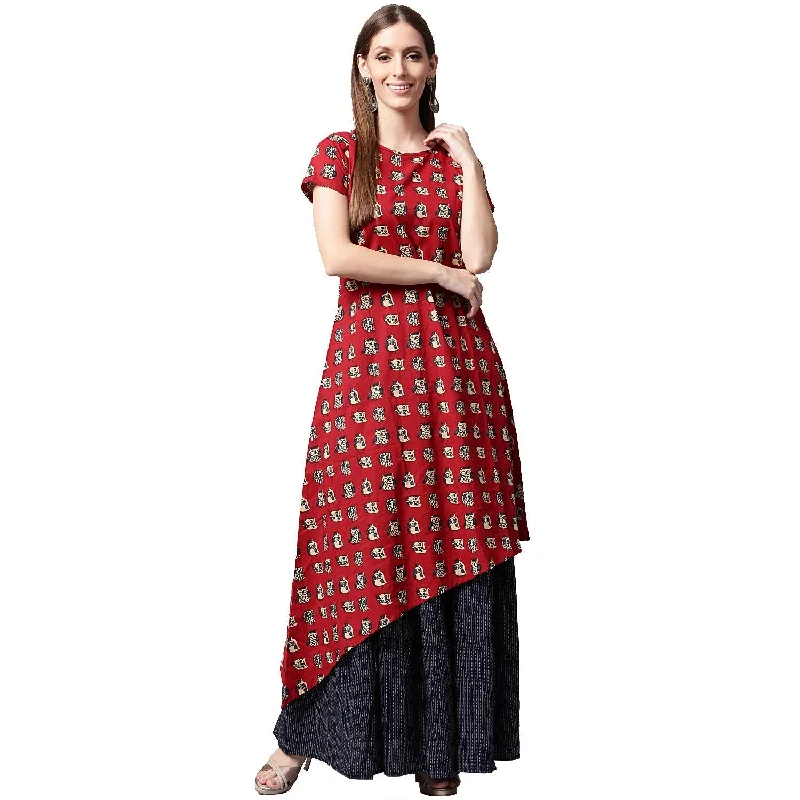 Spandex Dresses for Flexible -NOZ2TOZ Red Printed Short Sleeve Cotton Kurta With Blue Printed Skirt