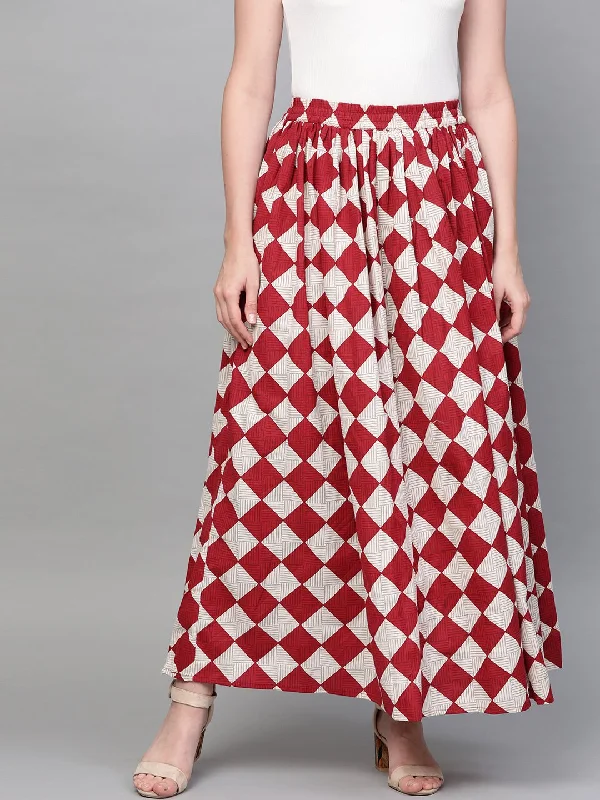 Sequined Dresses for Sparkle -NOZ2TOZ Women Maroon & White Checkerd Printed Flared Skirt