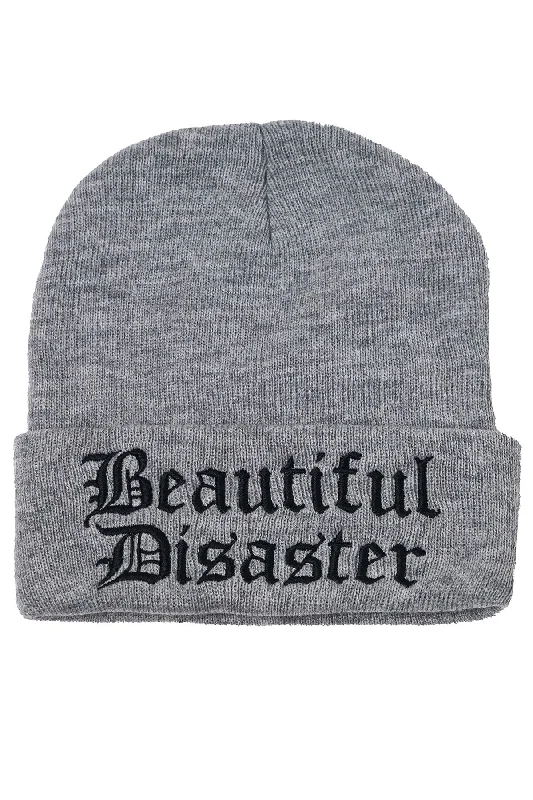 Premium cap with leather strap accent -Beautiful Disaster Embroidered Beanie Heather Gray