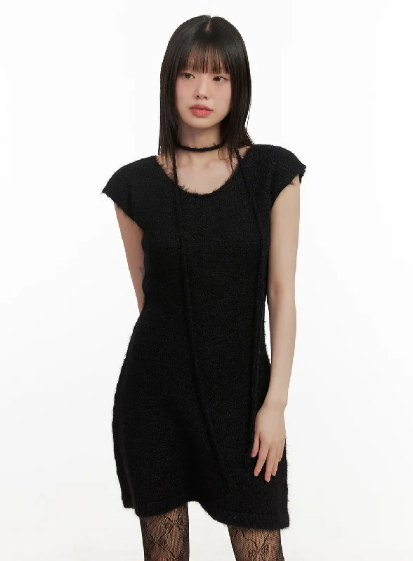 Halter Dresses for Chic Style -Slim-Fit Wool Blend Mini Dress CJ506