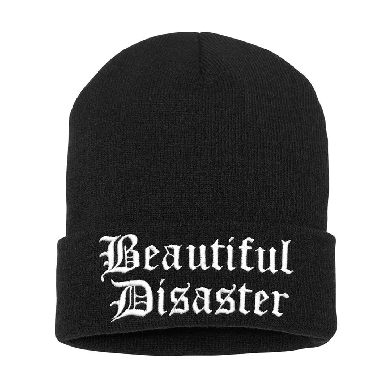 Canvas dad cap for rugged daily style -Beautiful Disaster Embroidered Beanie - Black