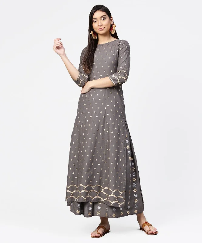 Ethnic Dresses with Tribal Design -NOZ2TOZ Grey Printed Half Sleeve Cotton Ankle Length Kurta With Flared Ankle Length Skirt