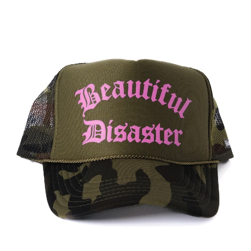 Minimalist cap for sleek simple style -Beautiful Disaster Trucker Hat - Camo/Hot Pink