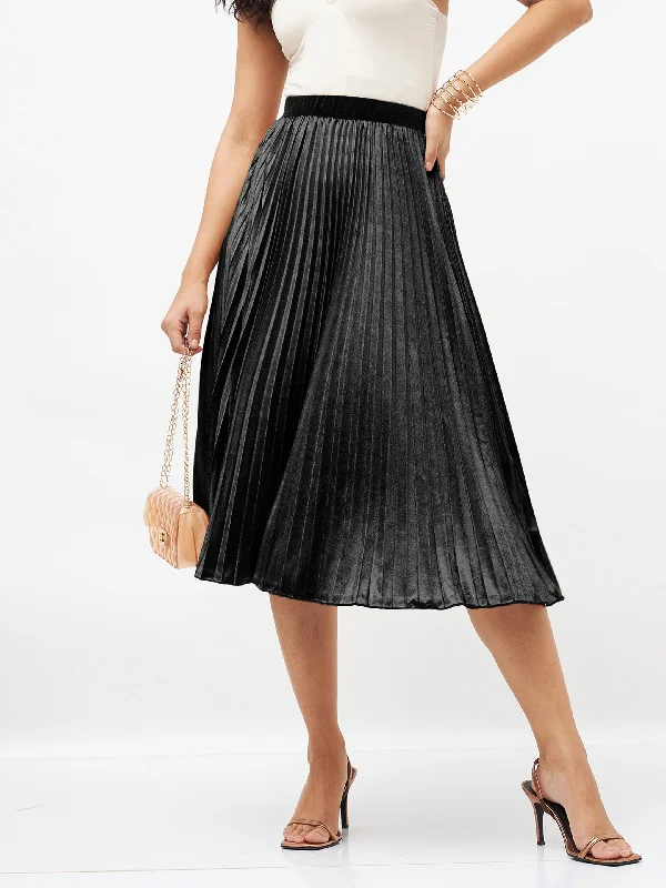 Fashionable Dresses for Style -Lyush Women Black Velvet Pleated Skirt