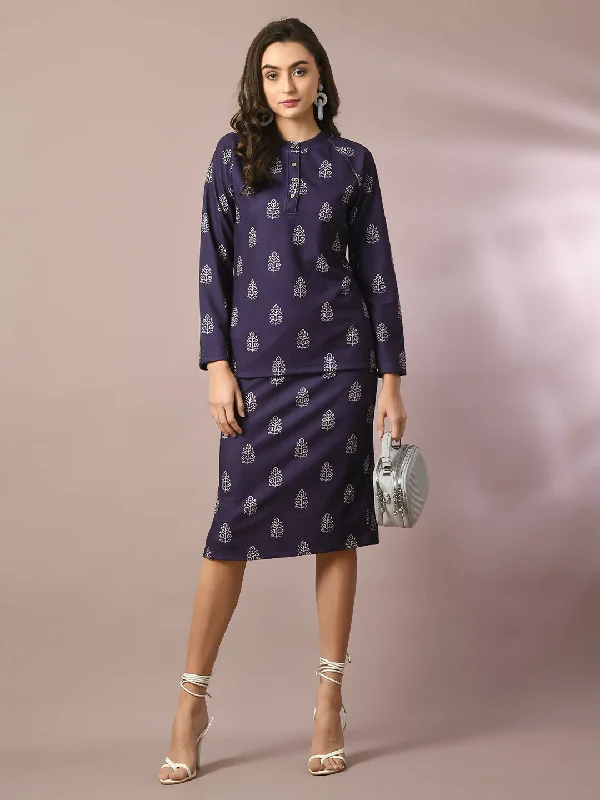 Capri Dresses for Playful -Myshka Women's Navy Blue Printed Knee Length Party Embellished Skirts