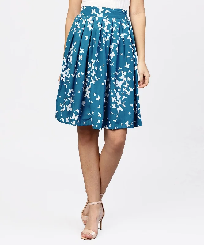 Cotton Dresses for Comfort -NOZ2TOZ Blue Butterfly Printed Box Pleated Skirt