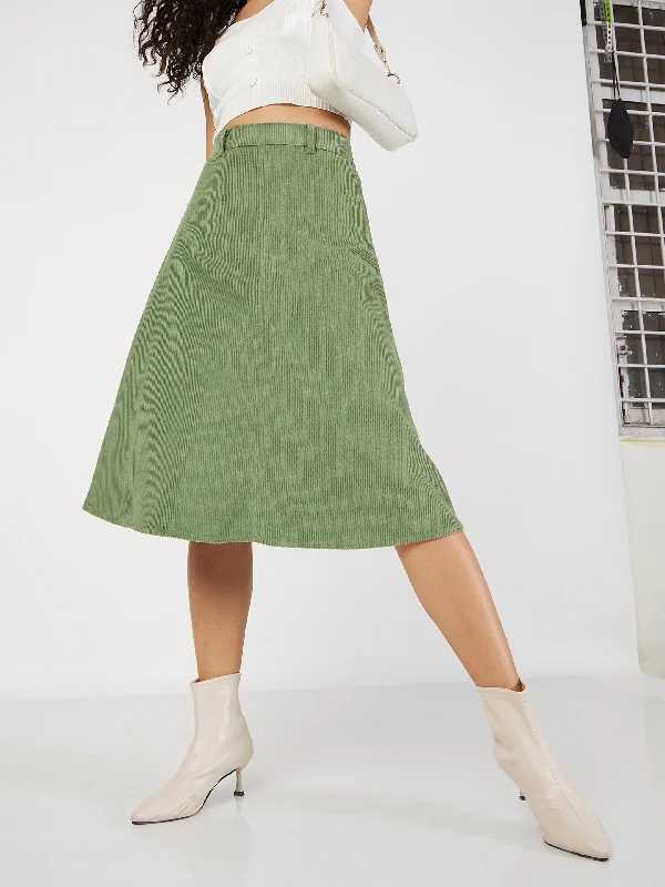 Patchwork Dresses for Bohemian -Lyush Women Olive Corduroy A-Line Midi Skirt