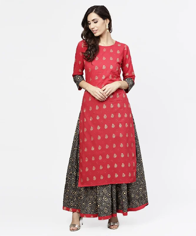 Wedding Dresses for Bridal Look -NOZ2TOZ Pink Printed 3/4Th Sleeve Cotton Kurta With Black Printed Skirt