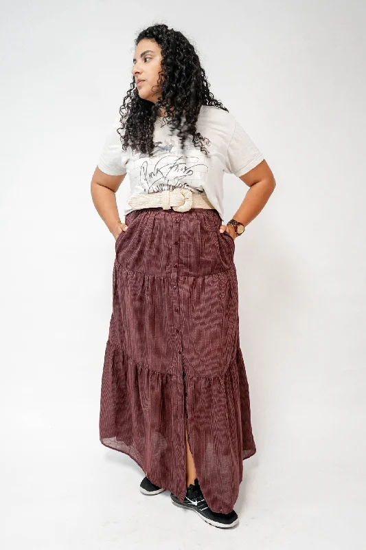 Resort Dresses for Vacation -Camilla Button Up Tiered Maxi Skirt in Burgundy