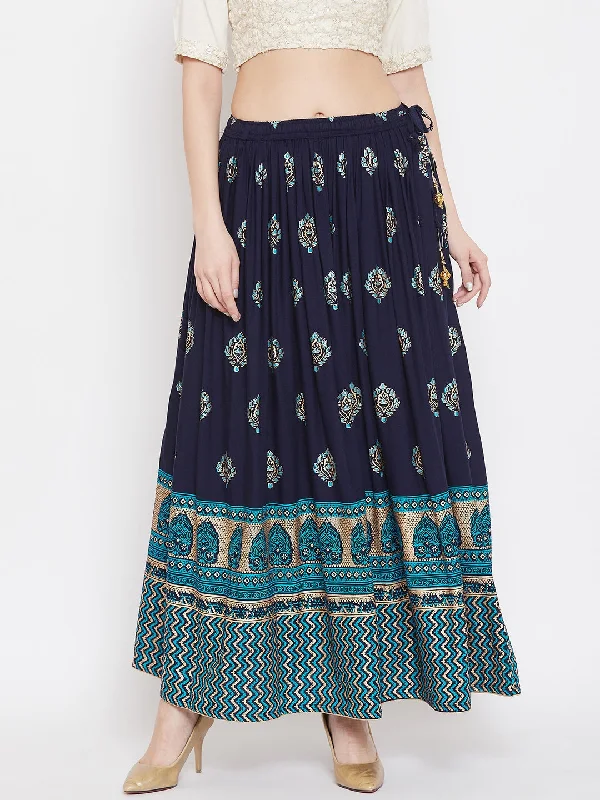 Casual Dresses for Everyday -Wahe-NOOR Women's Navy Blue Flared Printed Maxi Skirt