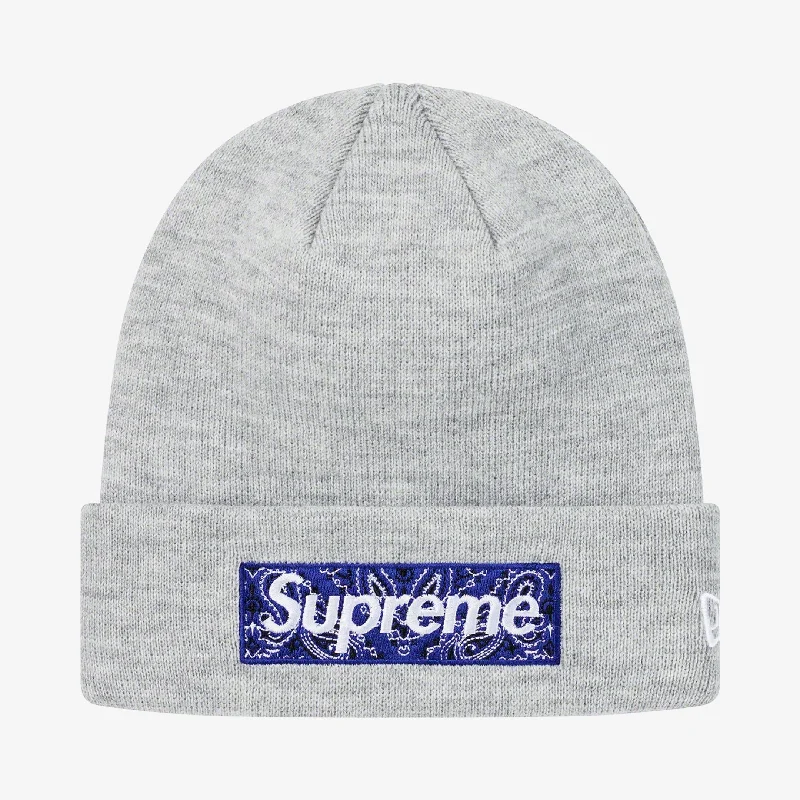 Designer baseball cap for luxury streetwear -Supreme x New Era Beanie 'Bandana Box Logo' Heather Grey (FW19)