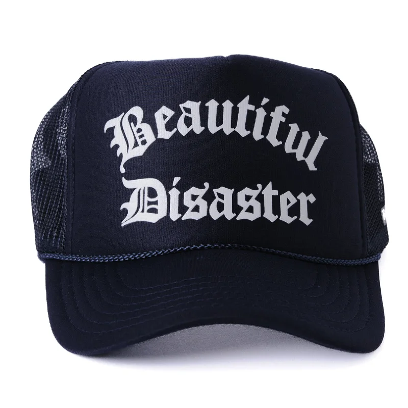 Classic black cap for versatile outfit pairing -Beautiful Disaster Trucker Hat - Navy