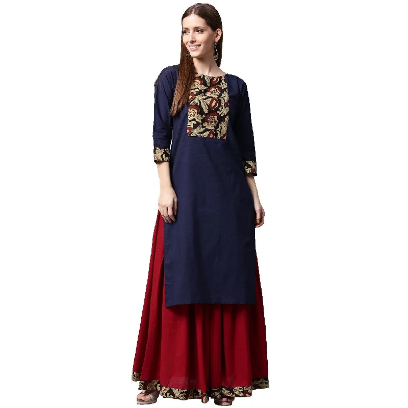 Buttoned Dresses for Stylish -NOZ2TOZ Blue Printed 3/4Th Sleeve Cotton Kurta With Maroon Skirt