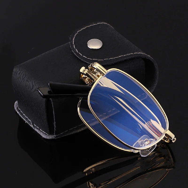 High-end Glasses for Luxury -Unisex Portable Full Frame Double Light Myopia Hyperopia Glasses Folding Anti-Blue Reading Glasses with Leather Box