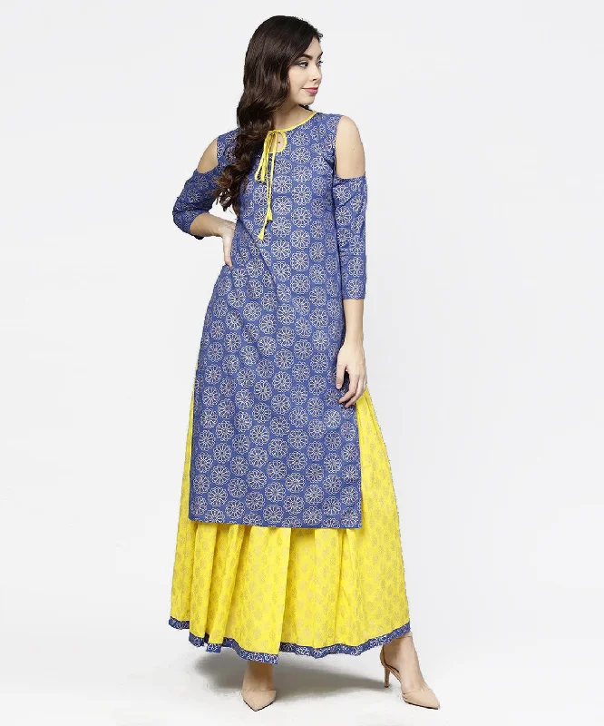 Hippie Dresses with Beads -NOZ2TOZ Blue Printed 3/4Th Cold Shoulder Sleeve Kurta With Yellow Flared Skirt