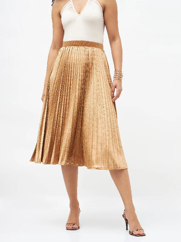 Midi Dresses for Versatile Wear -Lyush Women Gold Velvet Pleated Skirt