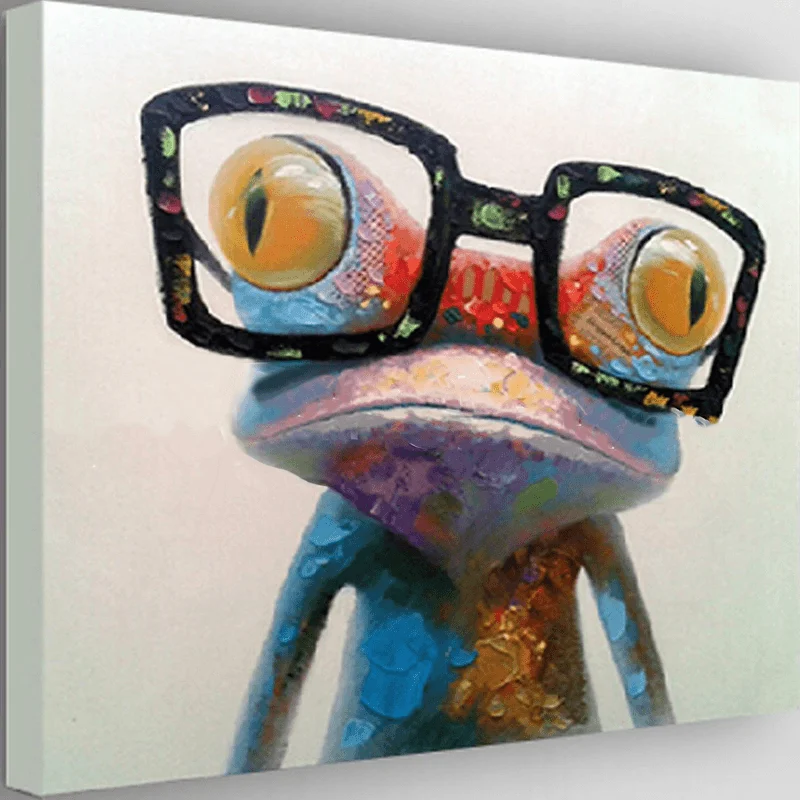 Hypoallergenic Glasses for Sensitive -Miico Hand Painted Oil Paintings Animal Modern Art Happy Frog with Glasses on Canvas Wall Art for Home Decoration 30X30Cm