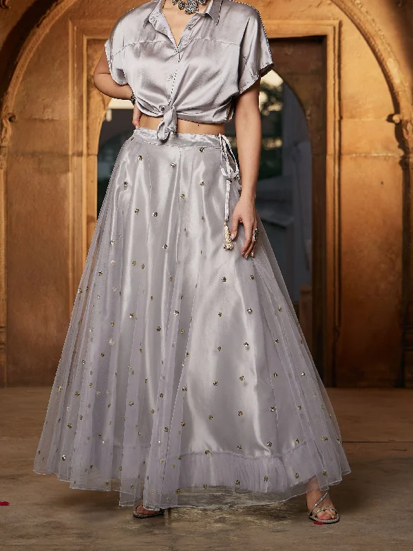 Sleeveless Dresses for Coolness -Lyush Women Grey Tulle Sequin Anarkali Skirt