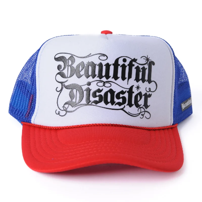 Stylish snapback cap for urban street style -Golden Goddess Trucker Hat - Red/Wht/Blue