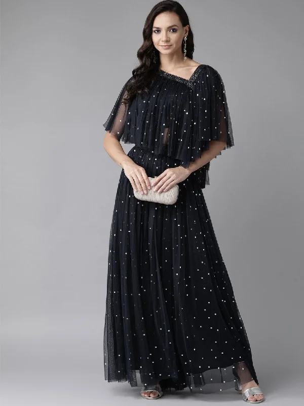 Long-sleeved Dresses for Coverage -Ahalyaa Navy Blue & Silver Foil Print Layered Top with Skirt