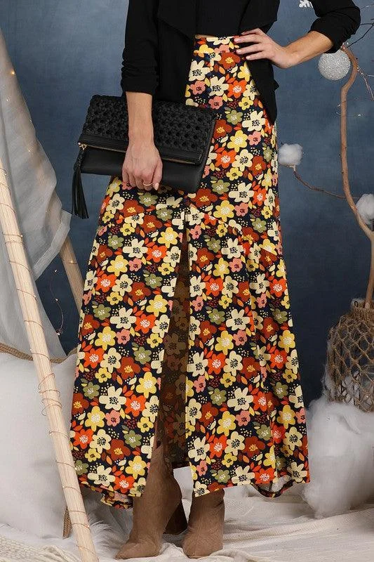 Buttoned Dresses for Stylish -Orange Floral Button Front Maxi Skirt