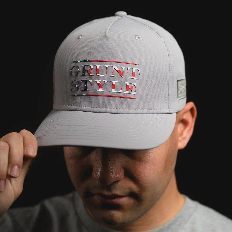 Leather trucker cap for edgy rugged appeal -US Flag Stacked Logo Performance Hat