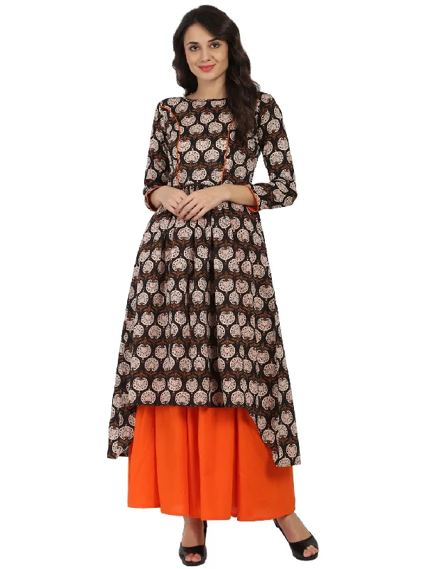 Tiered Dresses for Voluminous -NOZ2TOZ Brown Printed 3/4Th Sleeve Cotton A-Line Kurta With Orange Flared Skirt